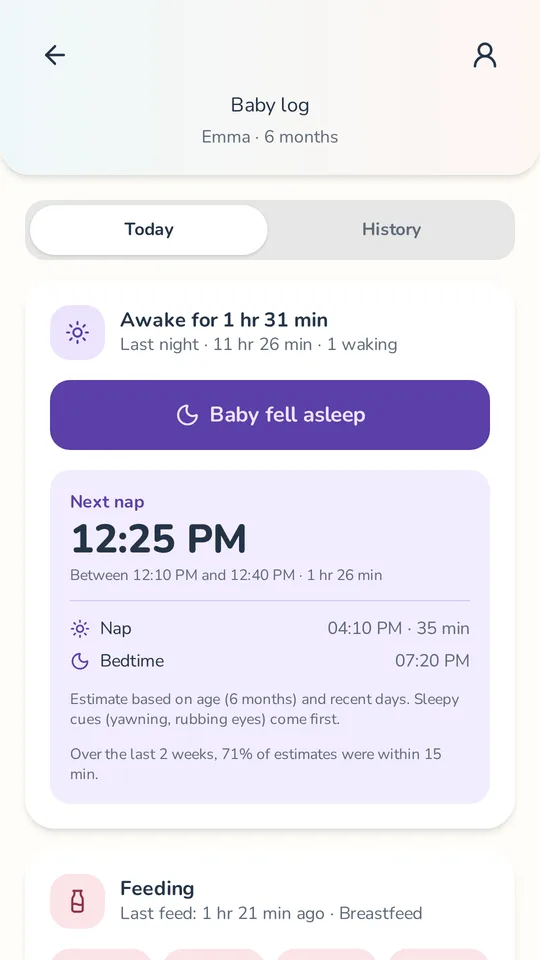 The baby log in Bercio: awake for 1 h 31 min, next nap at 12:25.