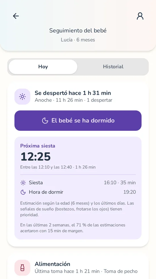 El seguimiento del bebé en Bercio: despierto desde hace 1 h 31 min, próxima siesta a las 12:25.