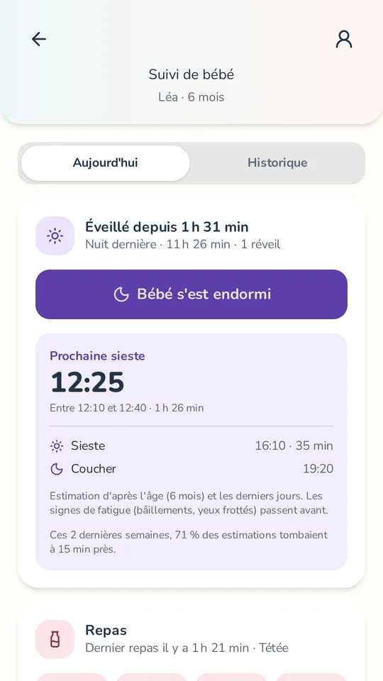 Le suivi de bébé dans Bercio : éveillé depuis 1 h 31, prochaine sieste à 12 h 25.